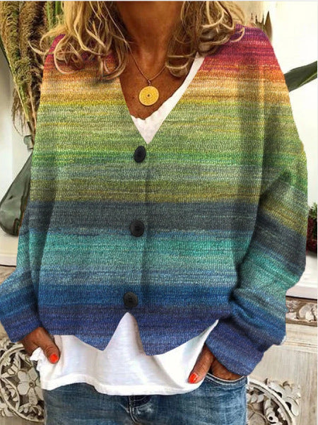 V-hals vintage cardigan med fargerike striper og knapper for kvinner